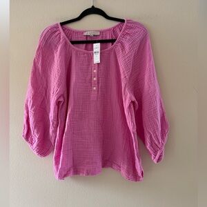 LOFT Women’s Pink Gauze Henley Blouse 3/4 Sleeves NEW with tags